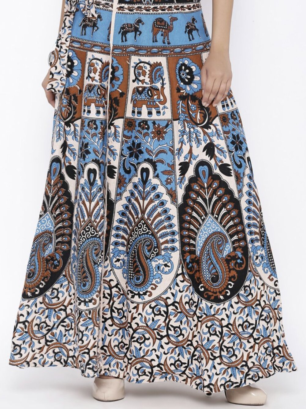 Women Beige and Blue Ethnic Print Wrap Around Maxi Skirt Boho Flared One size